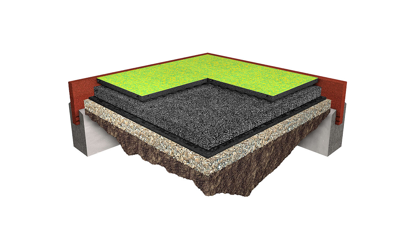 Construction diagram of the REGUPOL playfix funtastic safety tile with seamless EPDM wear layer for safe play on playgrounds Construction diagram of the REGUPOL playfix funtastic safety tile with seamless EPDM wear layer for safe play on playgrounds